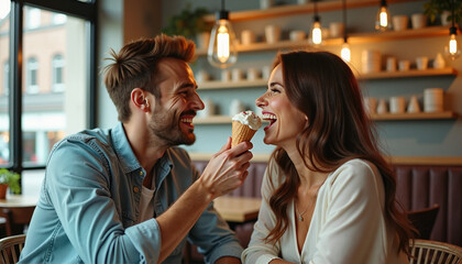  A young couple eats ice cream in a cafe with a cozy interior
