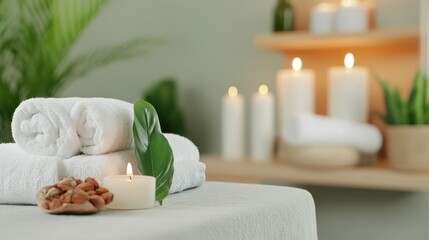 Tranquility in a Spa: A serene and inviting spa setting, a pile of fluffy towels, a lit candle, a green plant, a smooth stone.