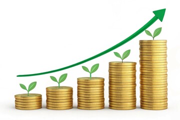 Increasing stacks of golden coins with a smooth upward green arrow, representing financial success and growth with an environmentally positive connotation, isolated on a white background