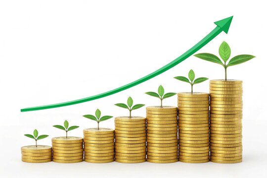 Increasing stacks of golden coins with a smooth upward green arrow, representing financial success and growth with an environmentally positive connotation, isolated on a white background