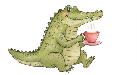 Obraz premium Watercolor Happy Crocodile Enjoying Tea - Adorable cartoon crocodile sits happily holding a warm cup of tea. Perfect for children's books, tea-themed designs, or whimsical illustrations