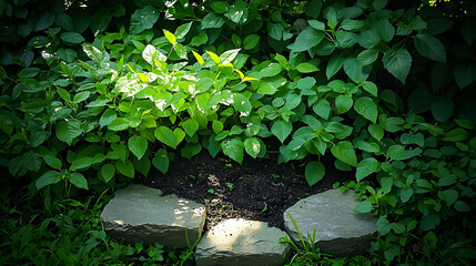 Lush Green Foliage With Gray Stones In Garden