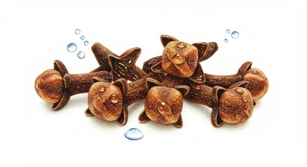 Macro Shot of Cloves with Water Droplets - Aromatic cloves, spice, flavor, freshness, culinary. A macro shot showcasing the detail and texture of cloves with water droplets