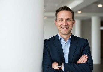Smiling businessman in a suit leans against a white pillar with his arms crossed in a bright office
