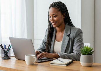 Smiling african american woman in blazer working on laptop at desk in bright office space