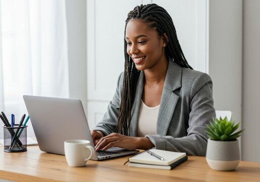 Smiling african american woman in blazer working on laptop at desk in bright office space