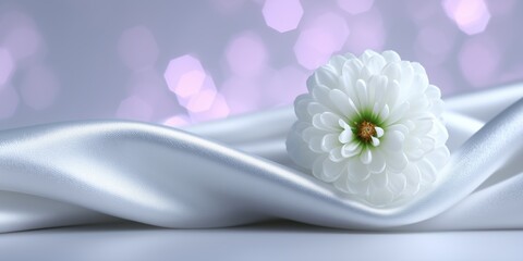 Elegant white flower resting on smooth shiny silver fabric with soft purple bokeh background for floral, beauty, or luxury themed design purposes