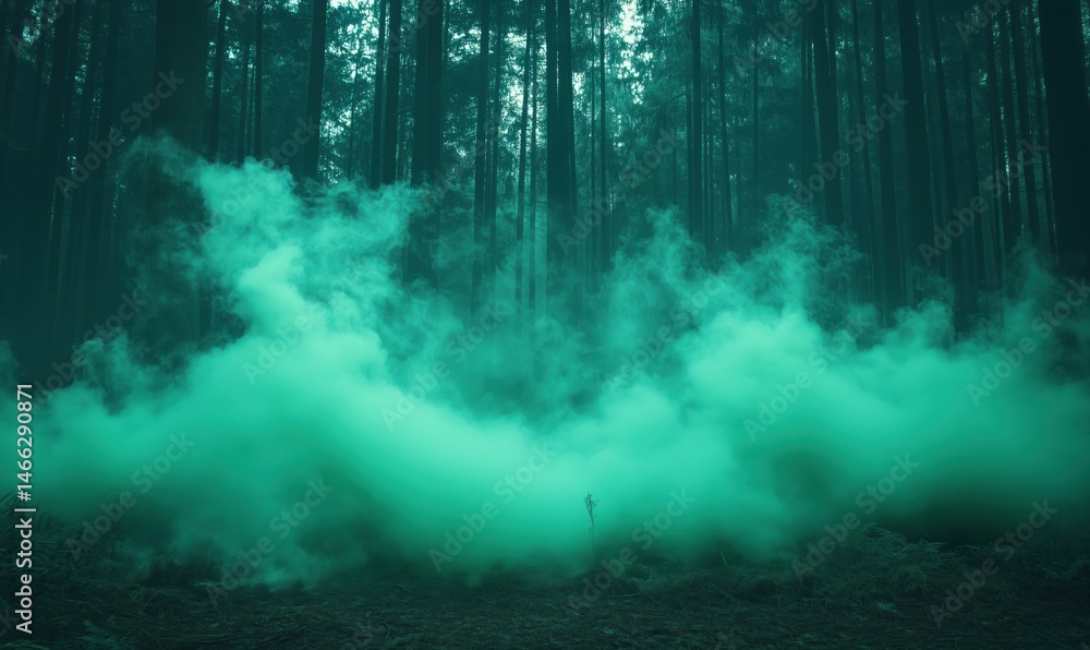 Poster mysterious green fog enveloping dense forest creating ethereal atmosphere