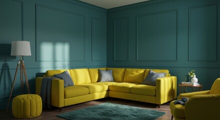 Modern Yellow Sofa in Teal Room - A bright yellow sectional sofa sits in a teal room, symbolizing comfort, , contrast, modern design, and home living