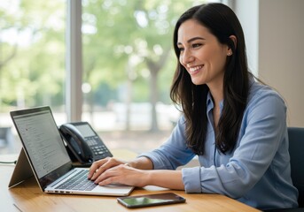 Smiling woman works on her laptop at a desk with a phone and a cell phone nearby in an office
