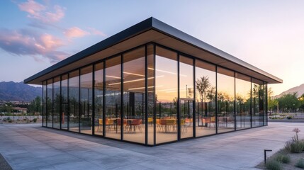 Fototapeta premium Modern glass pavilion at sunset. Glass-walled structure with black roof, modern furniture inside, outdoor setting
