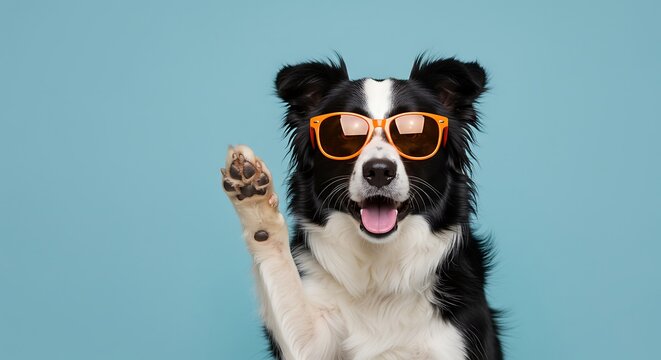 Charming border collie sporting sunglasses and offering a friendly wave gesture