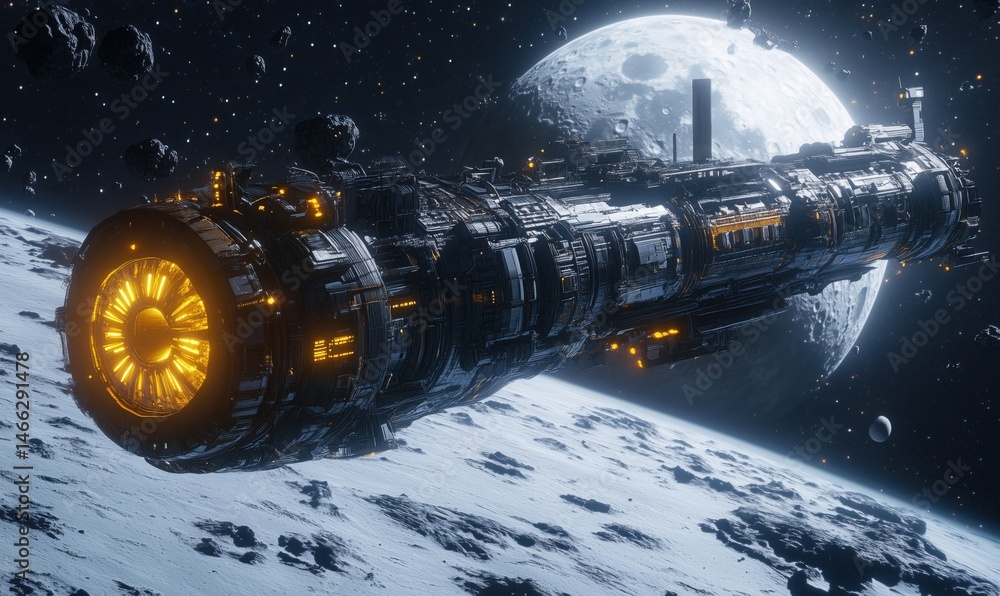 Poster futuristic spaceship exploring asteroid belt near moon in deep space