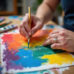 Close-up of hands painting pride flag on poster, vibrant colors and artistic collaboration.

