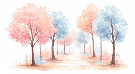 Naklejka premium Pastel Trees and Path Landscape - Serene watercolor painting of a path through a dreamy forest of pastel pink and blue trees. Perfect for calming backgrounds