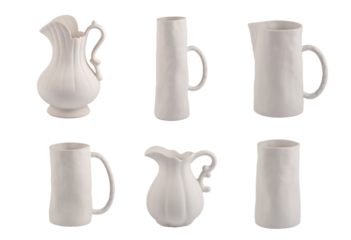 white ceramic jug, ceramic tableware isolated on a transparent background.