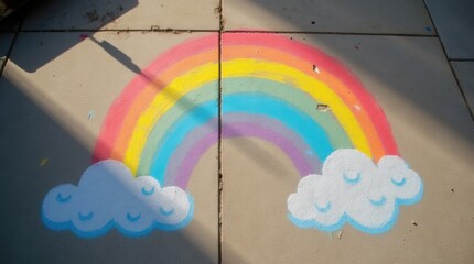 Vibrant rainbow chalk art on concrete sidewalk, overhead view, bright colors in sunlight.

