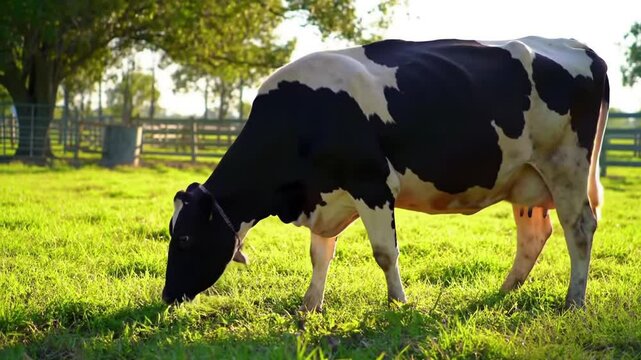 A black and white holstein cow grazes in a lush green pasture on a sunny afternoon