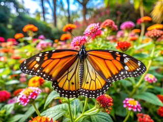 Fototapeta premium A butterfly is sitting on a flower in a garden. The butterfly is orange and black. The garden is full of flowers and plants