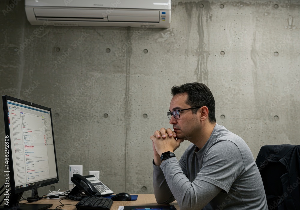Poster man with glasses sits at desk looking at computer screen with hands clasped in thought