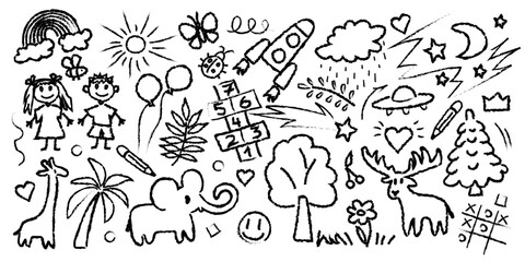 vector charcoal kids drawing set. Cartoon balck clip art isolated on transparent background. Hand drown design element. 