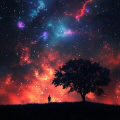 Galaxy and starlit sky behind a dark silhouette of a tree