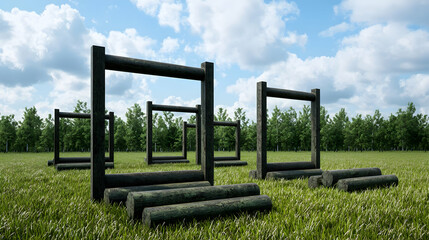 Wooden Obstacle Course In A Grassy Field