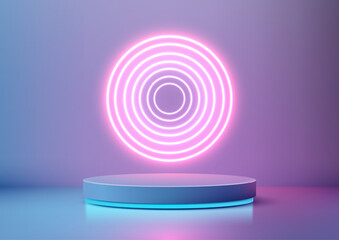 Obraz premium 3D futuristic neon platform glowing with vibrant blue and pink light on purple backdrop modern technology mockup display showcase