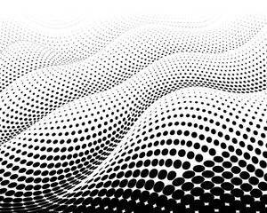 Black wavy halftone on white background. A black and white image of a spiral with many dots. The image has a sense of movement and energy, as if it is swirling around.