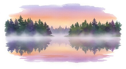 Serene Sunset Lake - Tranquil watercolor painting of a misty lake at sunset, reflecting the colorful sky and surrounding trees. Peaceful nature scene