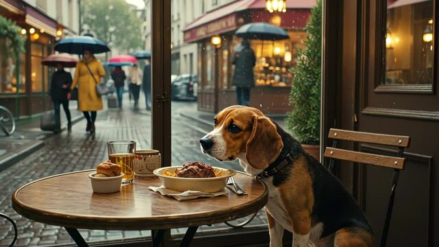 Beagle dog waits for a meal at Paris cafe