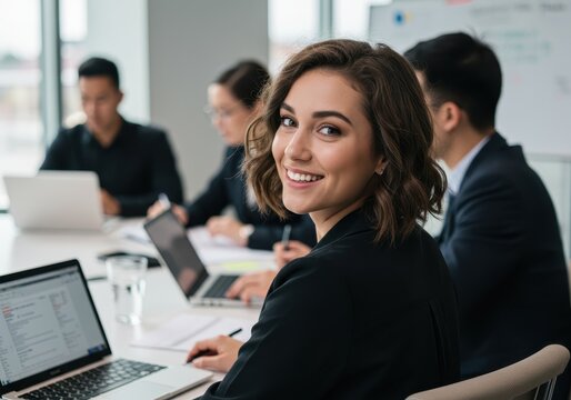 Smiling businesswoman looks back during a meeting with colleagues working on laptops in a bright office
