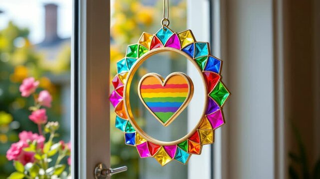A colorful heart-shaped suncatcher with a rainbow pattern hangs in a sunny window, surrounded by bright, jewel-toned decorations.