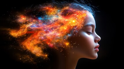 Cosmic Mind: A young woman's profile is adorned with a vibrant nebula, symbolizing imagination, dreams, and inner peace.
