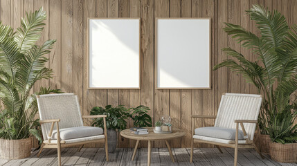 Cozy seating area with empty frames and greenery