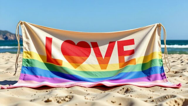 A rainbow-striped flag with the word &ldquo;LOVE&rdquo; and a heart symbol is displayed on a sandy beach with the ocean in the background.