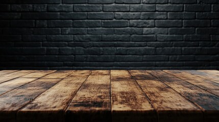 Dark brick wall meets weathered wood table
