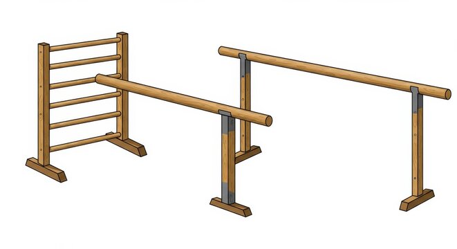 Wooden Gymnastics Bars and Climbing Ladder - Illustration of wooden gymnastics equipment, including parallel bars and a climbing ladder, ideal for physical fitness and children's play