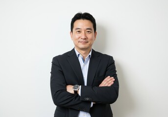 Confident asian businessman with arms crossed wearing a suit and watch against a white background
