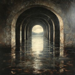 Obraz premium Aqueous Passage: An Enigmatic View Through Stone Arches Towards Light & Reflection, Creating Depth and Perspective in a Dark, Textured Space.