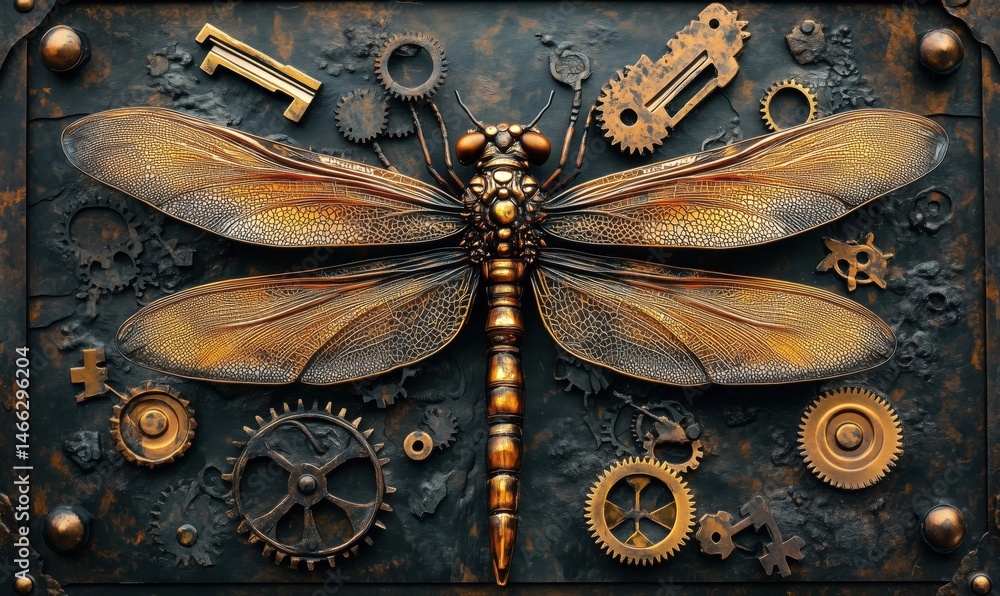 Poster steampunk dragonfly art with gears and mechanical elements in intricate design