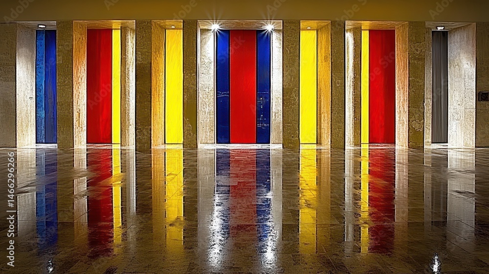 Poster abstract color composition in linear arrangement with mirrored reflections and rhythmic vibrancy a m