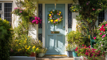 Fototapeta premium The door of the house is decorated with hanging flowers and looks very beautiful