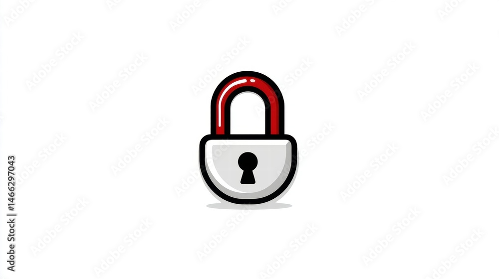 Poster pixel art illustration of a simple padlock with a red top and a grey body on a white background. the