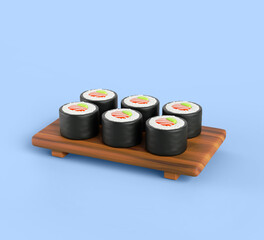 Japan food icon with sushi on wooden plate. Traditional Japanese cuisine dish. Fish rolls with salmon, avocado, cream cheese, rice, nori. Delicious asian meal, render restaurant menu. 3D illustration
