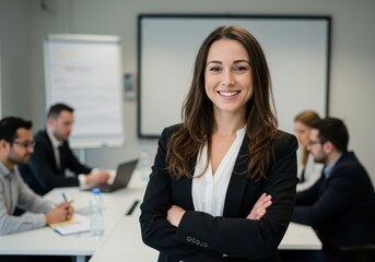 Smiling businesswoman with crossed arms stands in front of a meeting with coworkers in an office