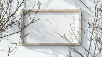 Aesthetic mockup of a blank wooden frame with passepartout, mounted on a white wall, softly decorated with dried plants