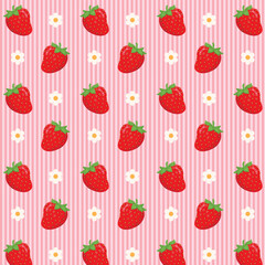 Cute little strawberries with flowers on a striped background seamless pattern, berries vector illustration. 