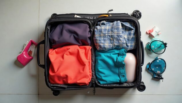 A neatly packed suitcase ready for travel, showcasing organized clothing and toiletries , packing cubes, map