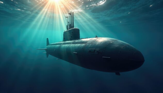 A sleek submarine descends into the deep ocean, sunlight fading above , aquatic, sunlight
